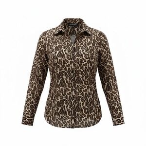 Sag Harbor Womens Leopard Print Button Down Blouse Tan Brown Size 10